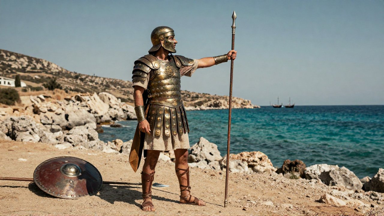 Comandante persa con armadura de bronce señala hacia barcos griegos en una costa árida.