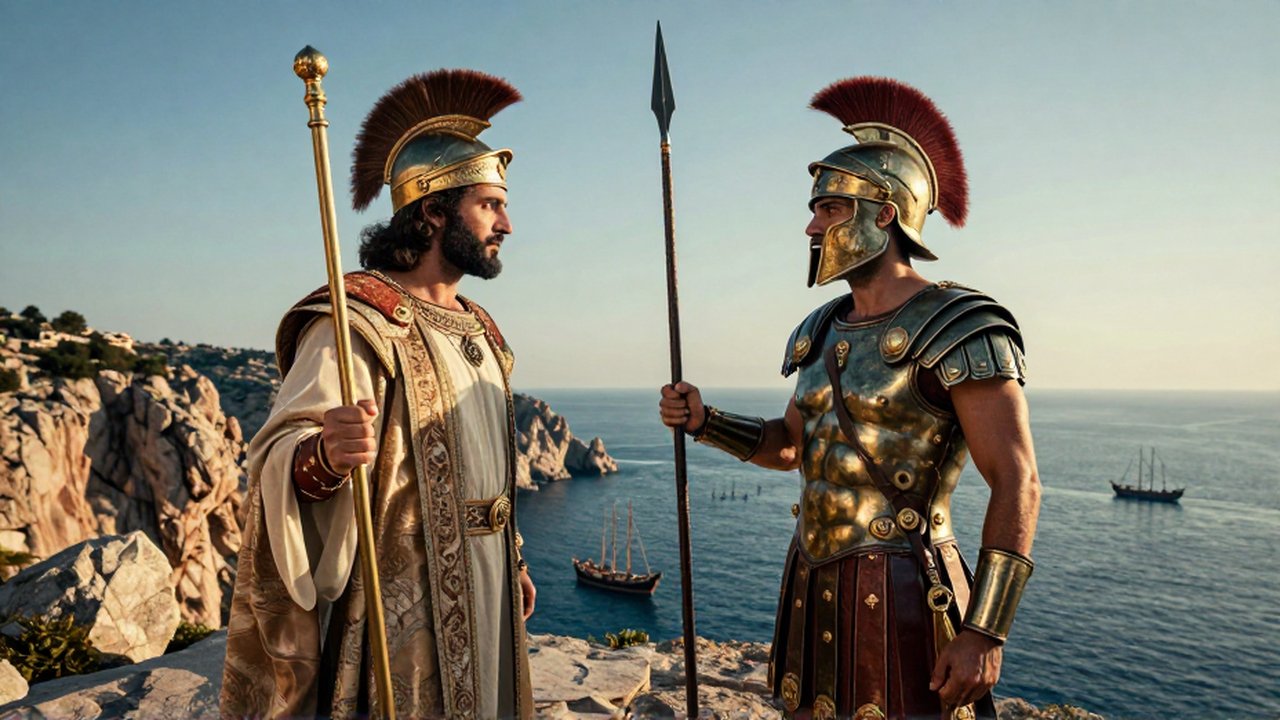 Un oficial persa con túnicas de seda y un hoplita griego con armadura de bronce se enfrentan frente al mar.