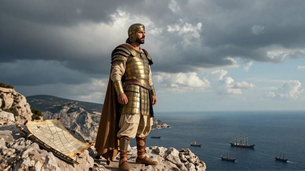 Comandante persa con armadura dorada observa una flota de barcos en el horizonte costero.