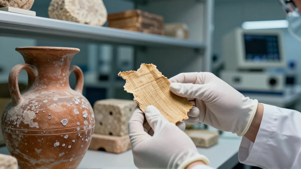 Un arqueólogo con guantes blancos examina con cuidado un fragmento de papiro y una vasija de terracota en un laboratorio.