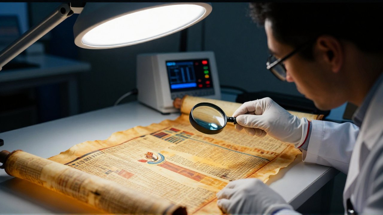 Un arqueólogo con guantes blancos examina con una lupa un antiguo papiro egipcio en un laboratorio.