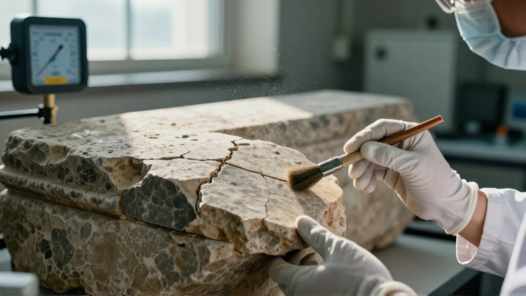 Un conservador con guantes blancos limpia cuidadosamente un fragmento de piedra antigua en un laboratorio de arqueología.
