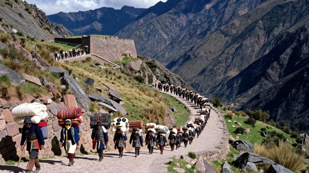 Comerciantes con textiles y llamas avanzan por un camino andino junto a una procesión militar.