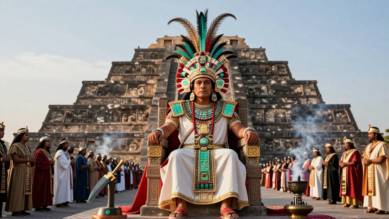 Un gobernante azteca con tocado de plumas preside una ceremonia religiosa frente al Templo Mayor.