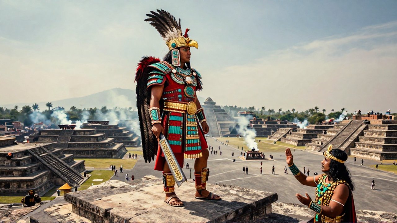 Guerrero con armadura de plumas y obsidiana sobre una pirámide frente a la ciudad de Tenochtitlan.