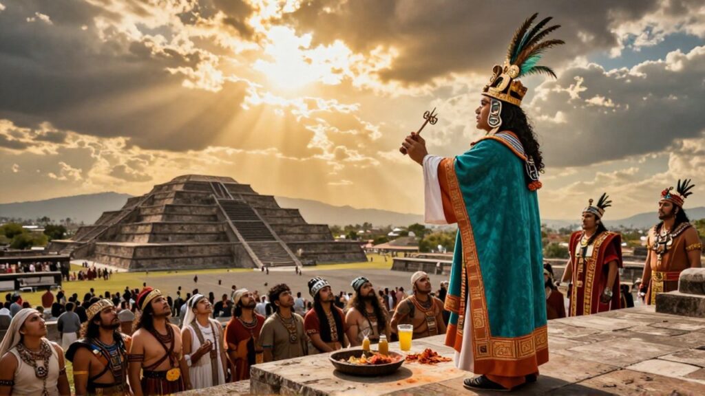 Sacerdote con tocado de plumas ofrece incienso ante una multitud frente al Gran Templo de Tenochtitlan.