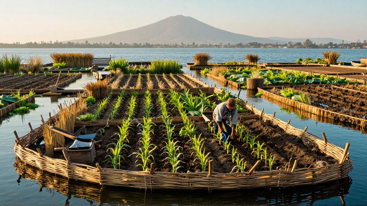 Un agricultor planta maíz en una chinampa rodeada de canales bajo la luz del amanecer.