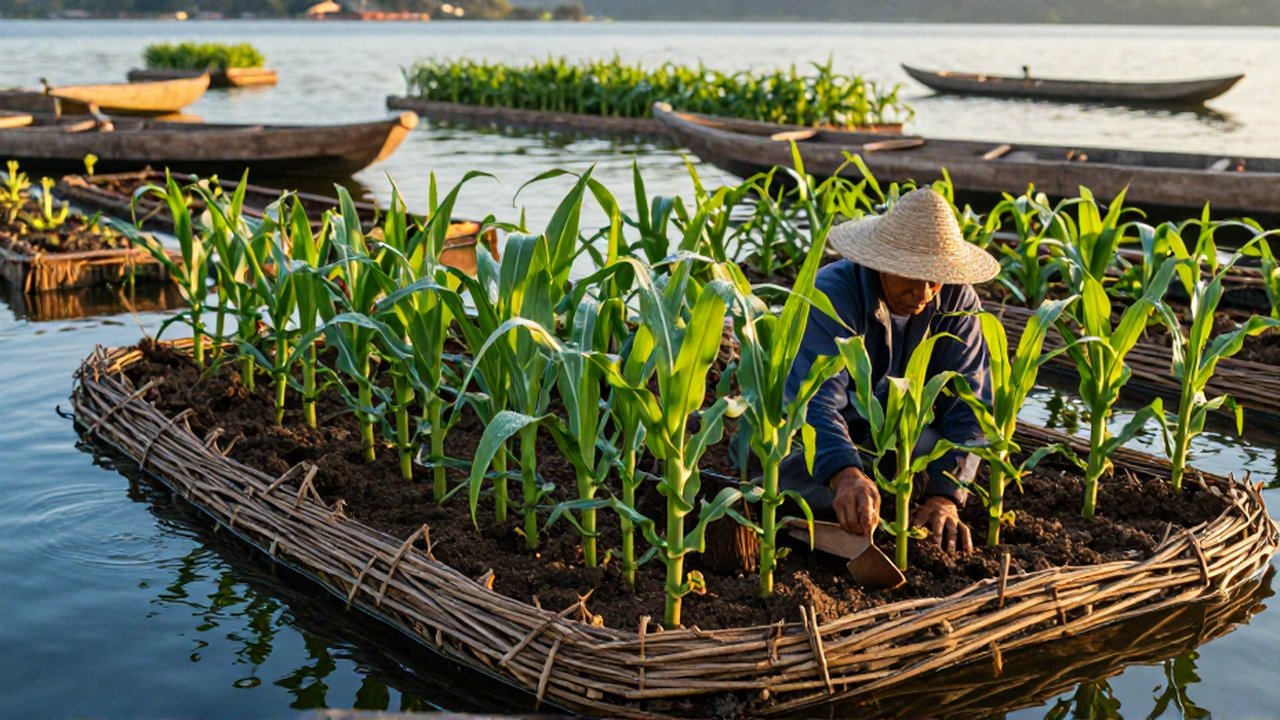 Un agricultor trabaja la tierra de una chinampa entre cultivos de maíz junto a un lago.