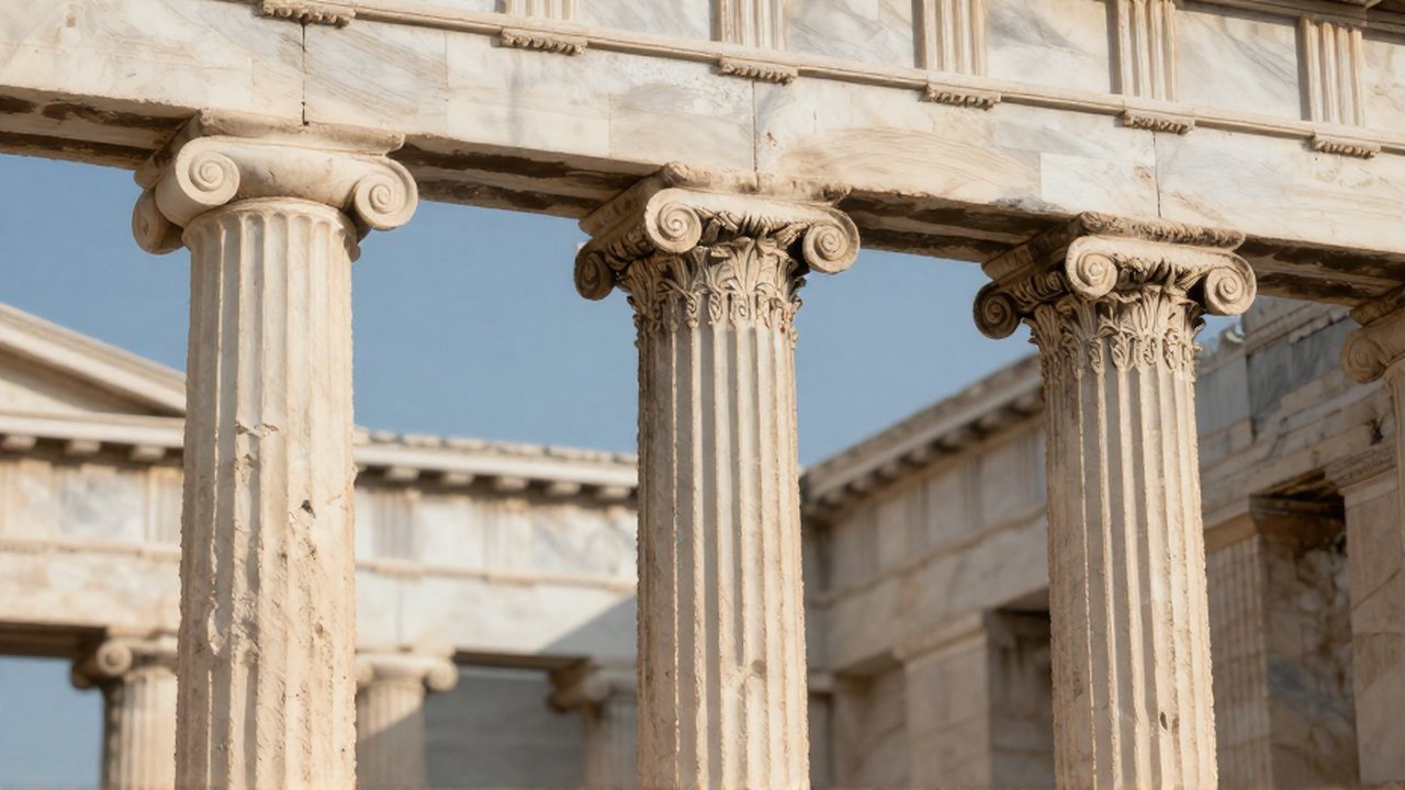 Tres columnas de mármol blanco con distintos capiteles griegos bajo la luz del sol.