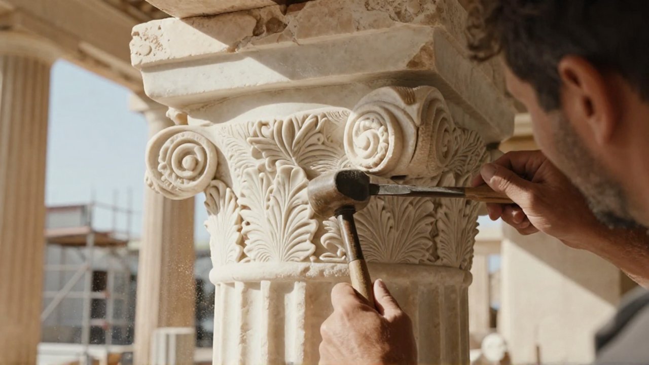 Manos de un artesano tallando detallados patrones de hojas en un capitel de mármol blanco.