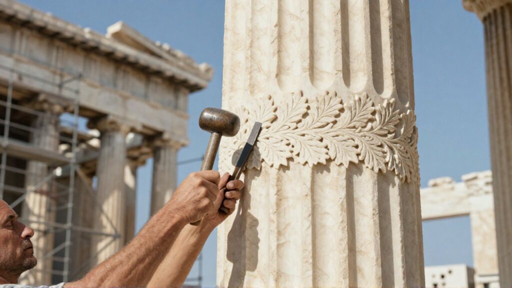 Un artesano talla detallados relieves de hojas en una columna de mármol blanco bajo la luz del sol.