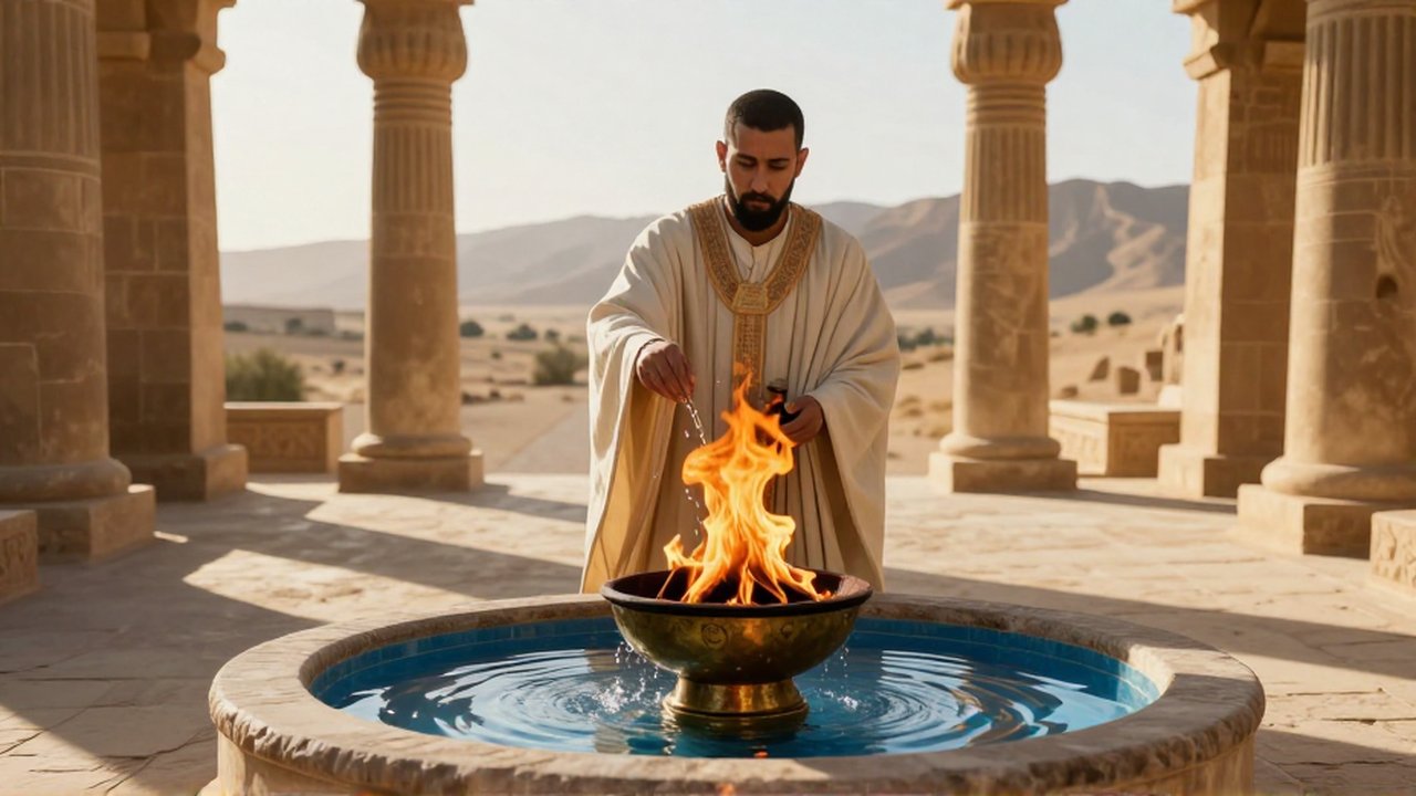 Un sacerdote antiguo vierte agua en un cuenco de piedra junto a un altar de fuego en un templo persa.