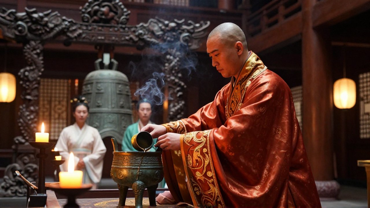 Sacerdote con túnicas de seda vierte vino de un recipiente de bronce en un templo iluminado por velas.