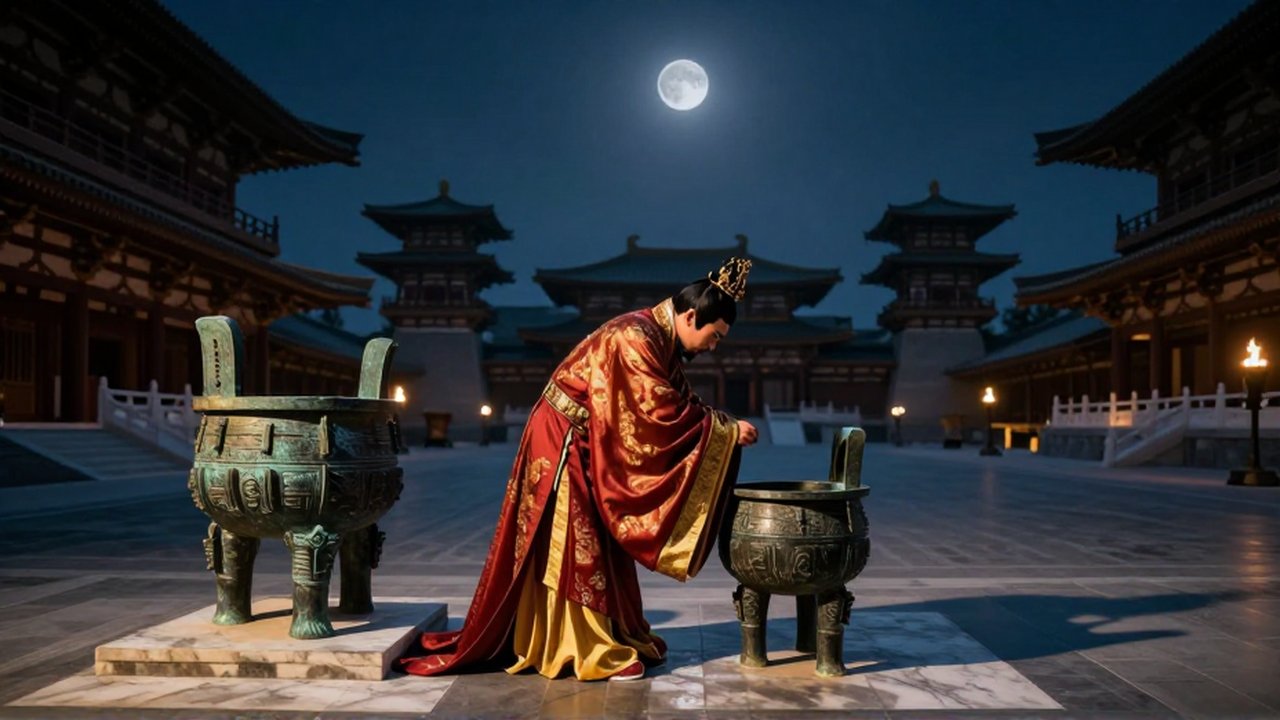 Emperador con túnicas rojas y doradas realiza un ritual frente a un gran recipiente de bronce en un templo bajo un eclipse.