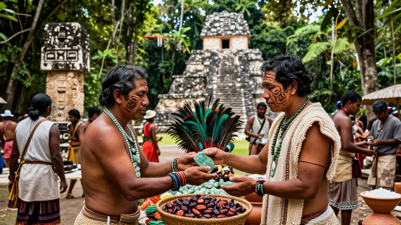 Comerciantes en un mercado selvático intercambian cacao por jade frente a templos de piedra.