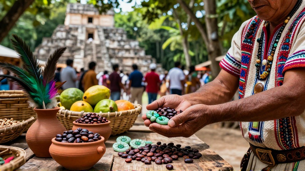 Un comerciante intercambia granos de cacao por adornos de jade y plumas en un mercado mesoamericano.
