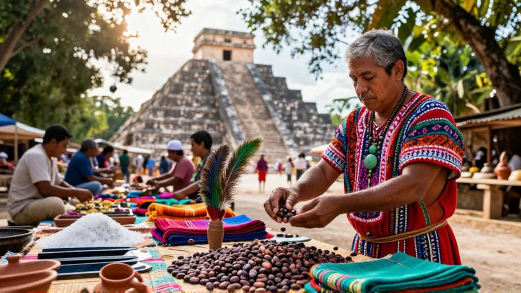 Un comerciante intercambia cacao y plumas por textiles en un mercado maya con pirámides al fondo.