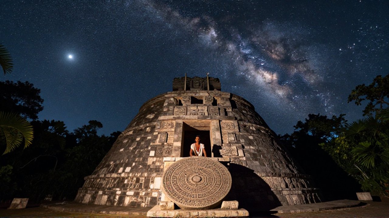 Un sacerdote observa las estrellas a través de un observatorio de piedra bajo la Vía Láctea.