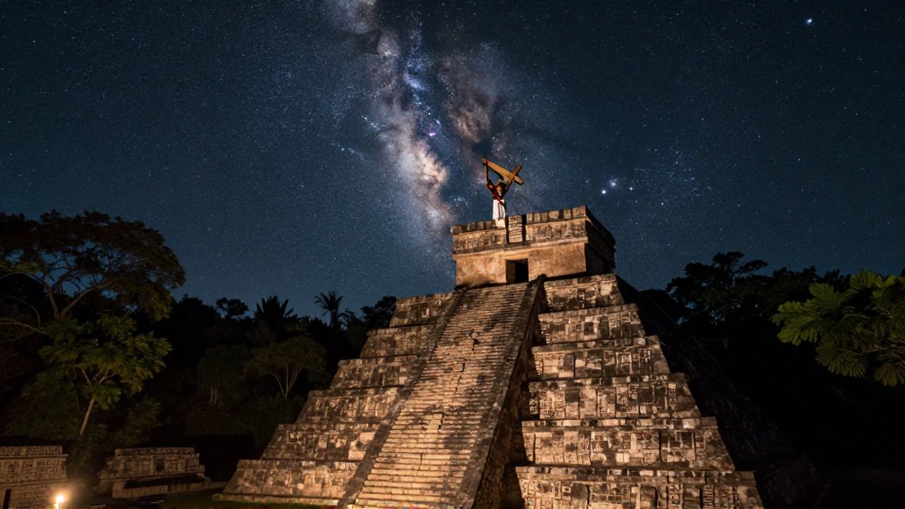 Un sacerdote observa las estrellas con un instrumento de madera sobre una pirámide bajo la Vía Láctea.