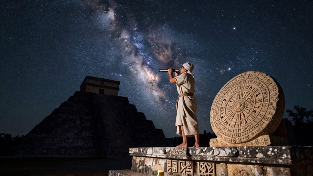 Astrónomo con vestimenta tradicional observa el cielo estrellado desde una plataforma de piedra junto a un calendario antiguo.