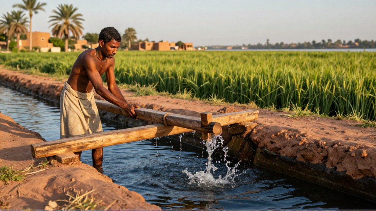Un agricultor egipcio usa un cigoñal para elevar agua de un canal hacia una zanja.