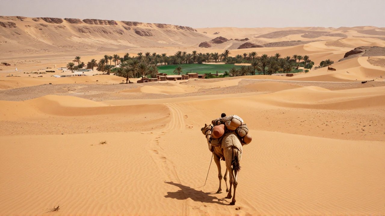 Un viajero con un camelo avanza por un cañón árido hacia un oasis distante.