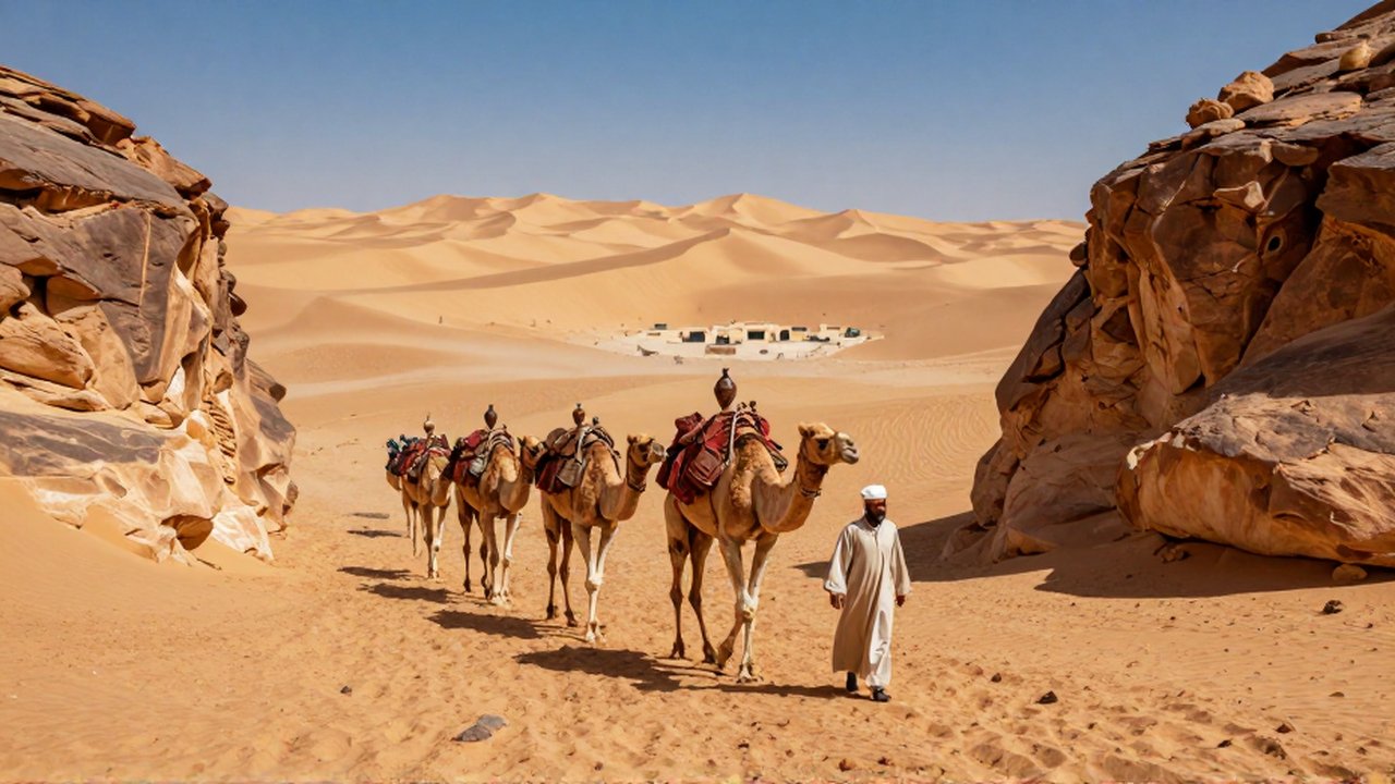 Un comerciante persa guía una caravana de camellos cargados a través de un cañón desértico bajo un sol intenso.