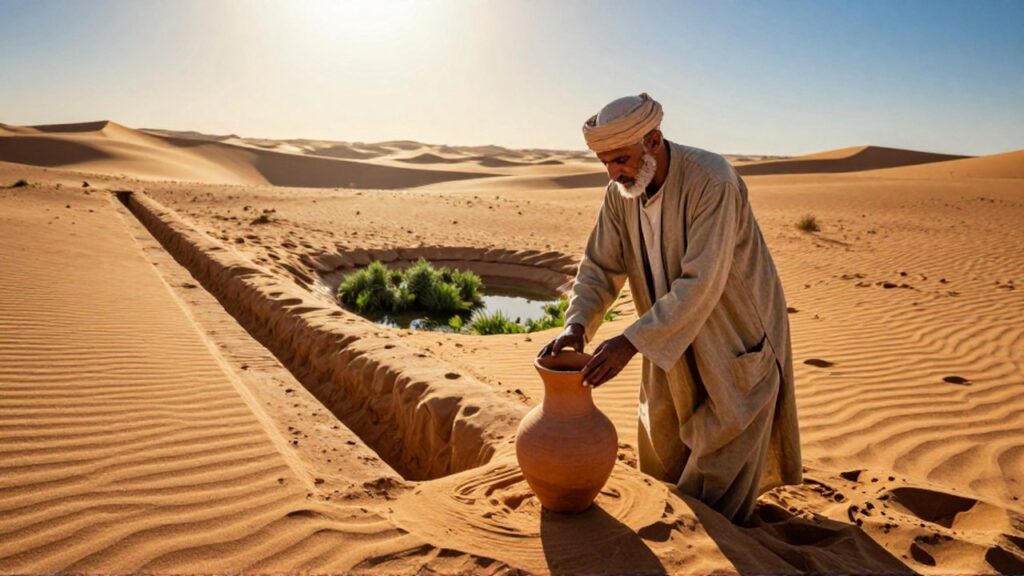 Un comerciante con vestimenta antigua inspecciona una vasija de barro junto a un pequeño oasis en el desierto.