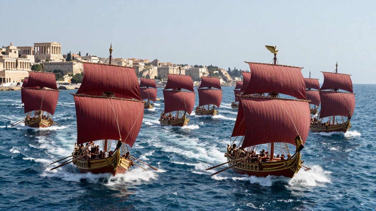 Gran flota de quinquerremes romanas con velas rojas navegando hacia una ciudad costera mediterránea.