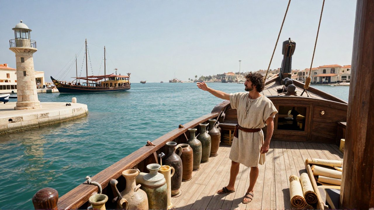 Un comerciante con túnica de lino señala hacia el horizonte desde la cubierta de un barco en un puerto mediterráneo.