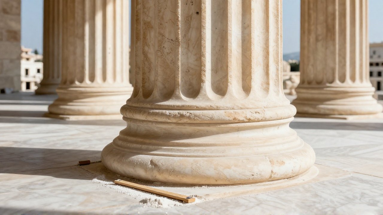 Primer plano de la base y el fuste estriado de una columna de mármol en un templo griego.