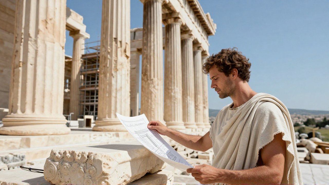 Arquitecto griego estudia un plano y una columna de mármol en una construcción antigua.