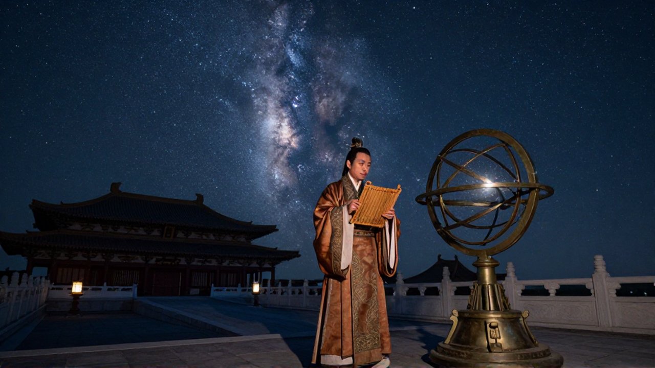 Astrónomo imperial con túnicas de seda registra el cielo nocturno junto a una esfera armilar de bronce.