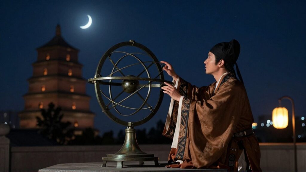 Astrónomo con vestiduras tradicionales observa el cielo nocturno junto a una esfera armilar de bronce.