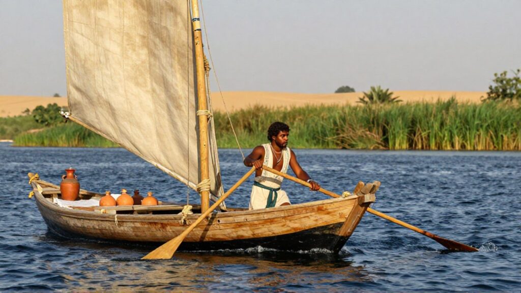 Navegante en un bote de madera remando por el río Nilo con orillas verdes al fondo.