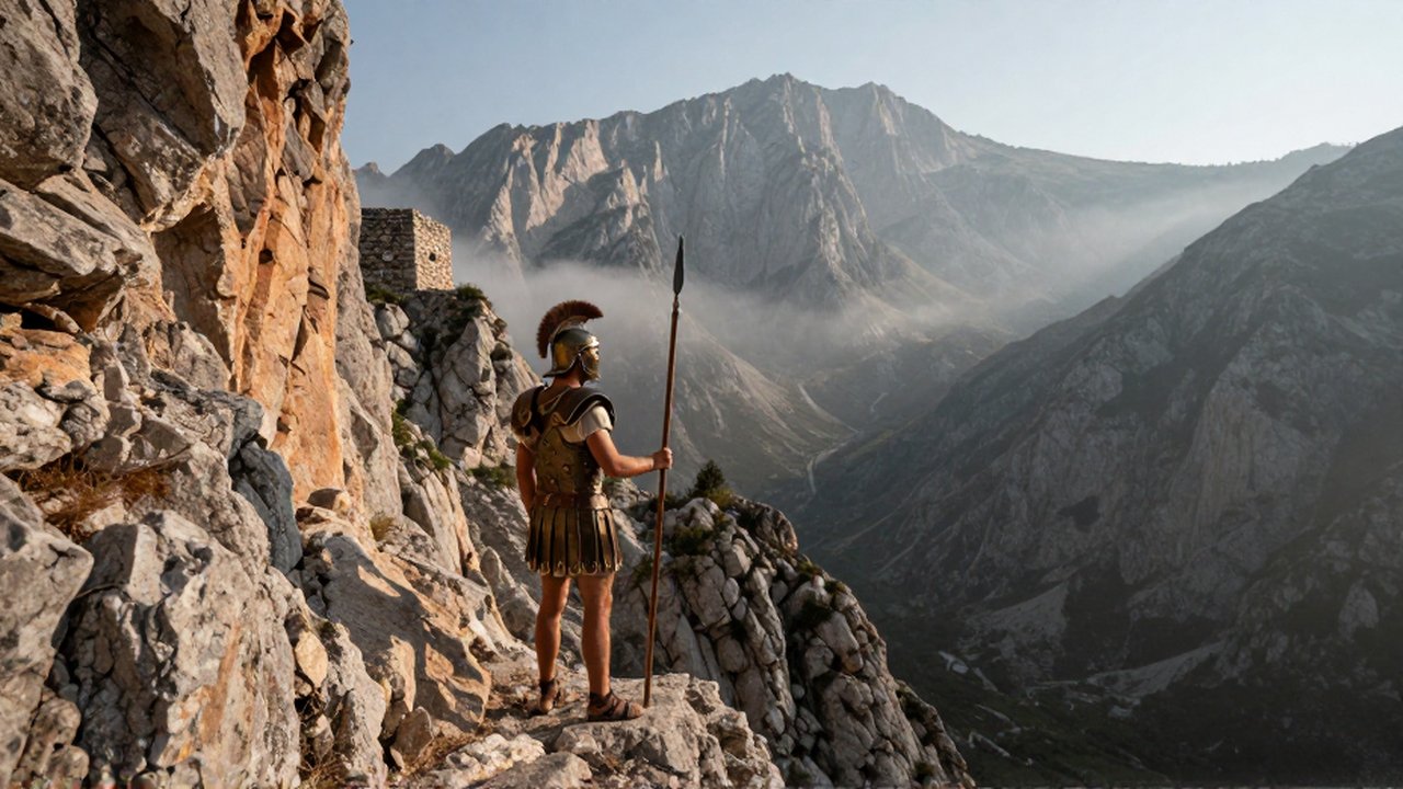 Un soldado griego con armadura de bronce vigila desde una escarpada cresta montañosa al amanecer.