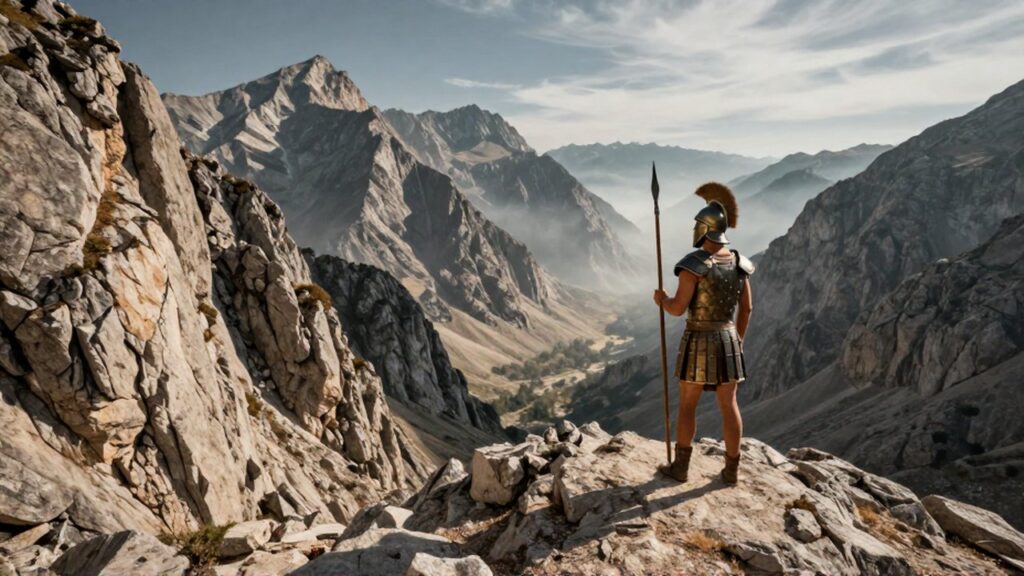 Un soldado griego con armadura de bronce vigila desde un escarpado paso de montaña.
