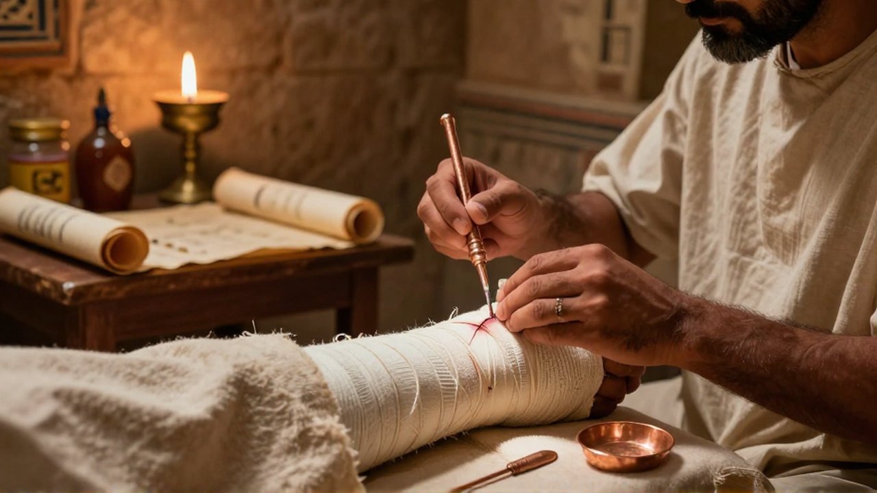 Médico egipcio antiguo realizando una cirugía en una extremidad con herramientas de cobre en una clínica de piedra.