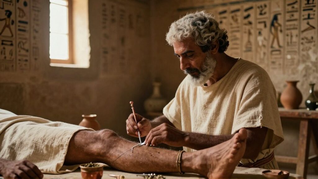 Un médico egipcio realiza una cirugía en una pierna con instrumentos de cobre en una cámara de piedra.