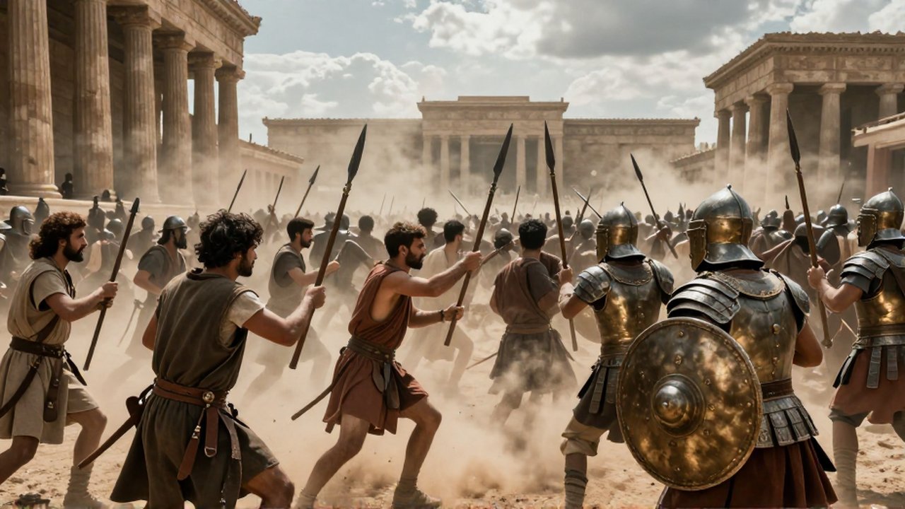 Campesinos con lanzas rudimentarias luchan contra soldados con armaduras de bronce ante un gran palacio.