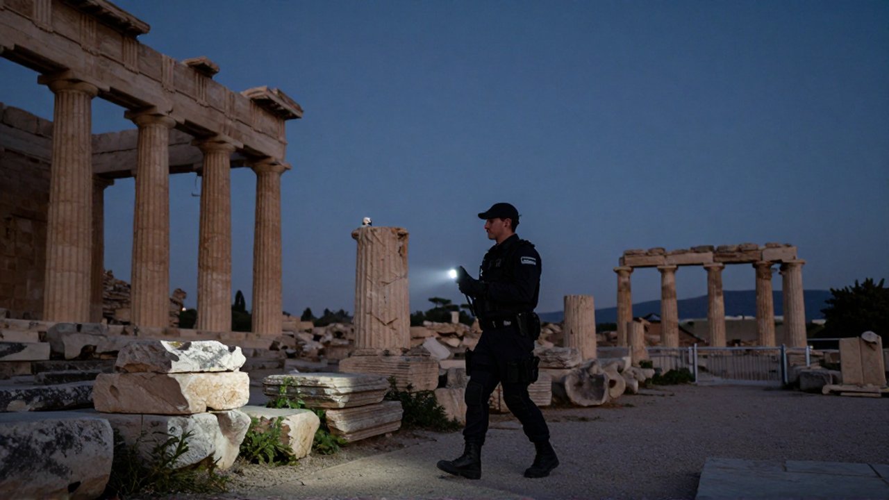 Un guardia de seguridad con linterna patrulla unas ruinas de piedra bajo el cielo del crepúsculo.