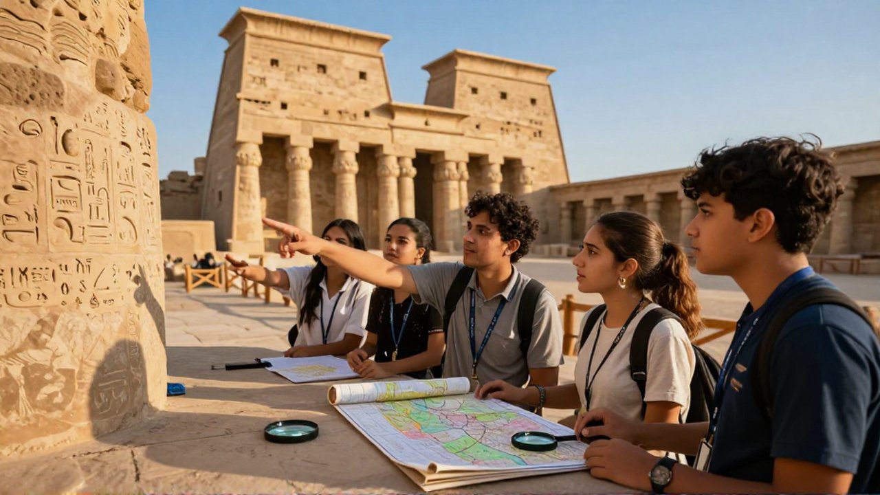 Grupo de estudiantes y un guía observan jeroglíficos junto a las ruinas de un templo egipcio.
