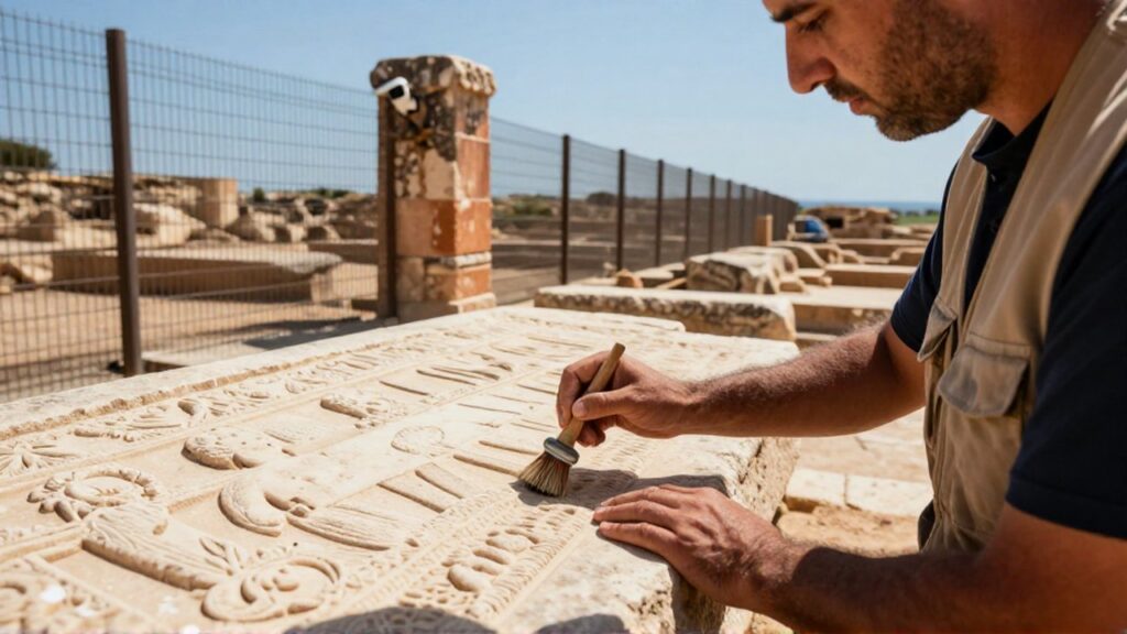 Un conservador limpia con un pincel los relieves de una antigua piedra en una excavación mediterránea.