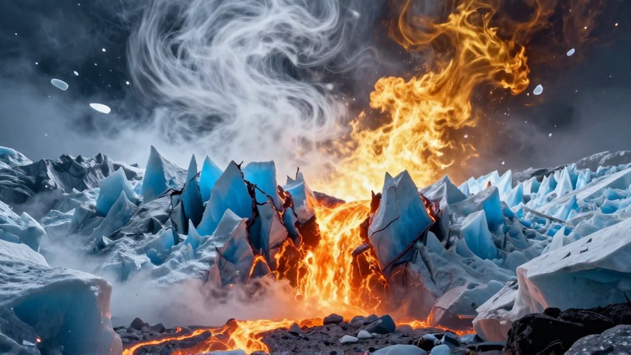 Choque de un glaciar de color azul profundo contra un flujo de magma naranja incandescente en un vacío cósmico.