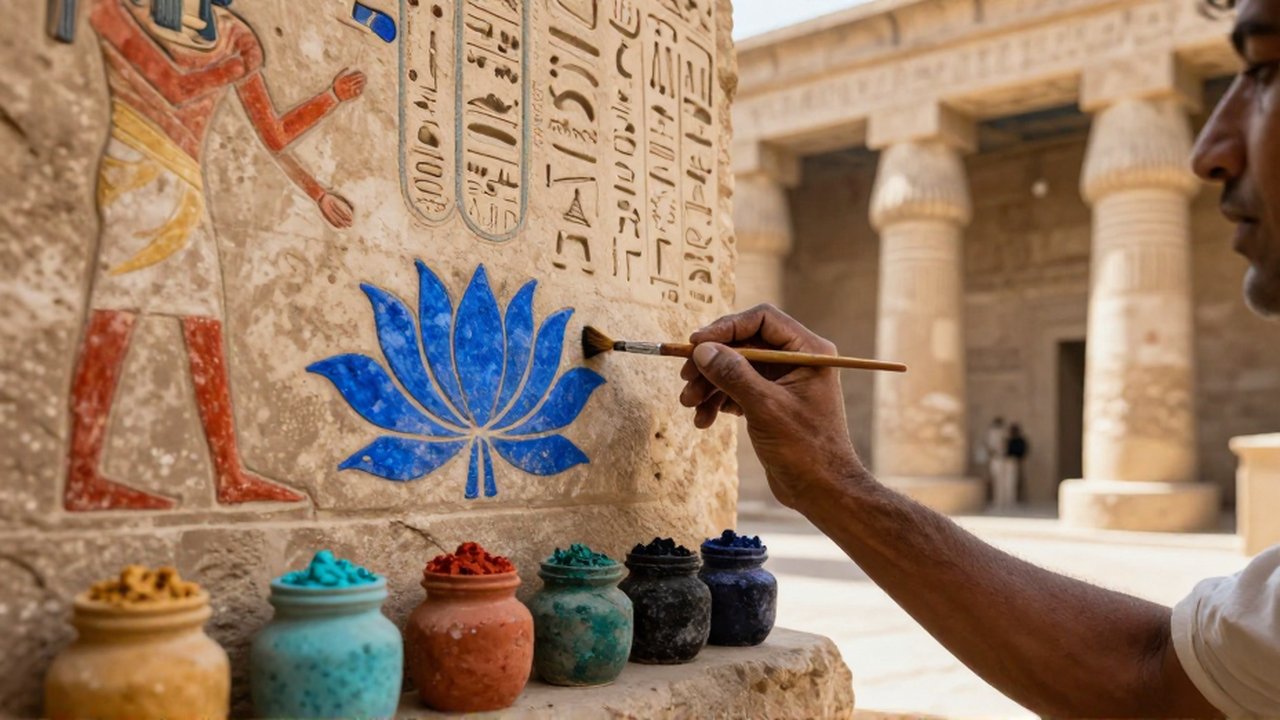 Un artesano pinta con detalle un patrón de loto azul sobre un muro de piedra en un templo egipcio.