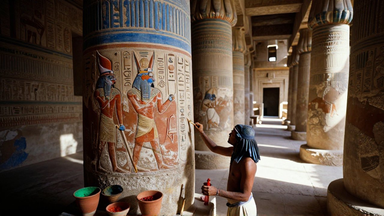 Un artesano pinta detallados jeroglíficos de colores vibrantes en una gran columna de un templo antiguo.
