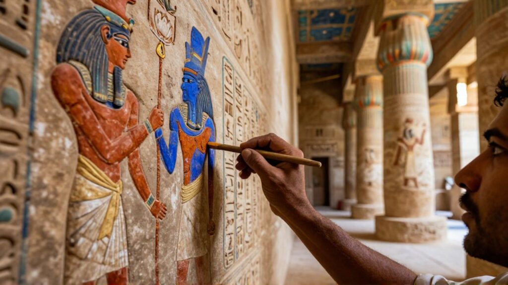 Un artesano aplica pigmentos de colores sobre un mural con relieves en un templo antiguo.
