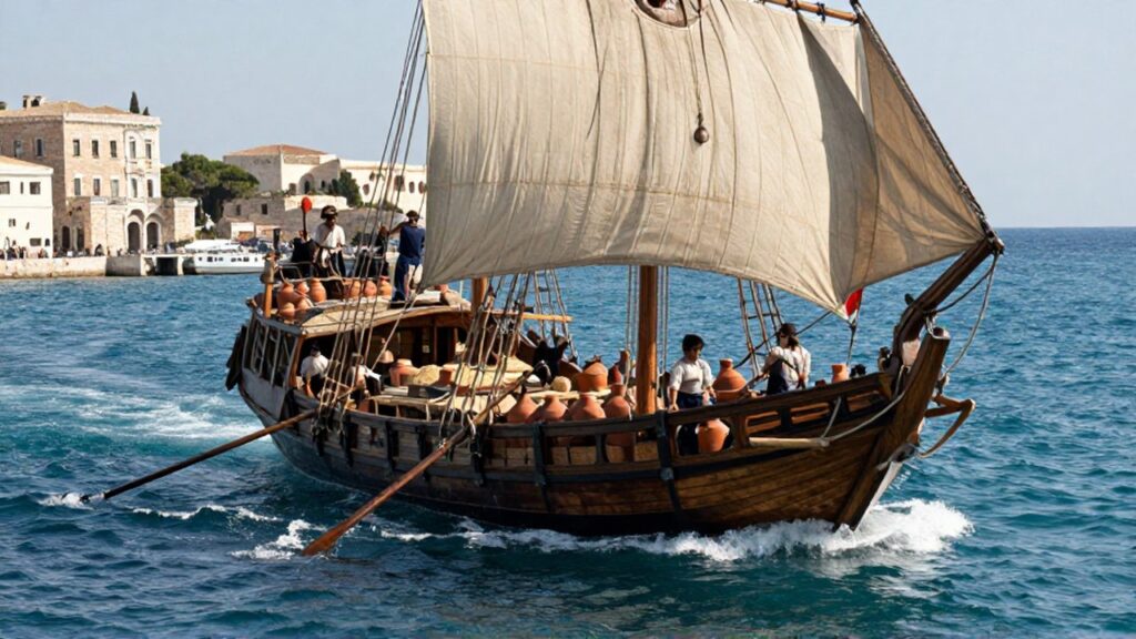 Un gran barco mercante romano transporta ánforas por el mar Mediterráneo con la ciudad de Ostia al fondo.