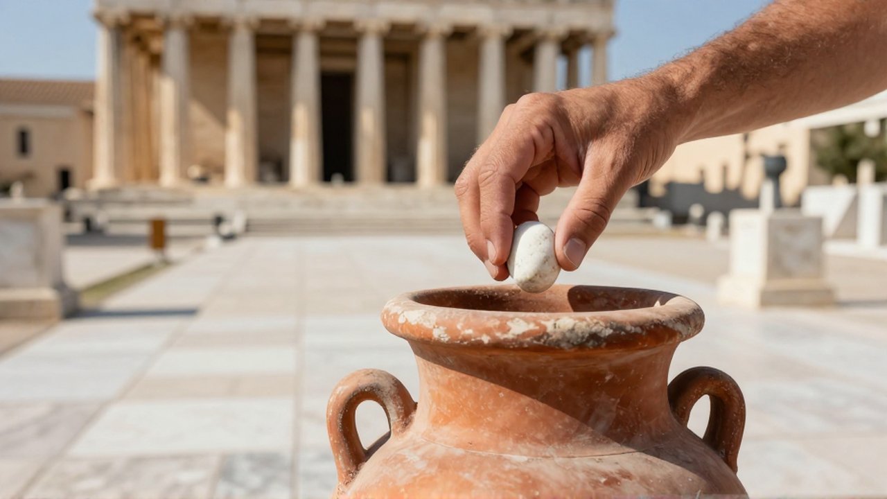 Manos depositando un guijarro de mármol blanco en una urna de terracota bajo la luz mediterránea.