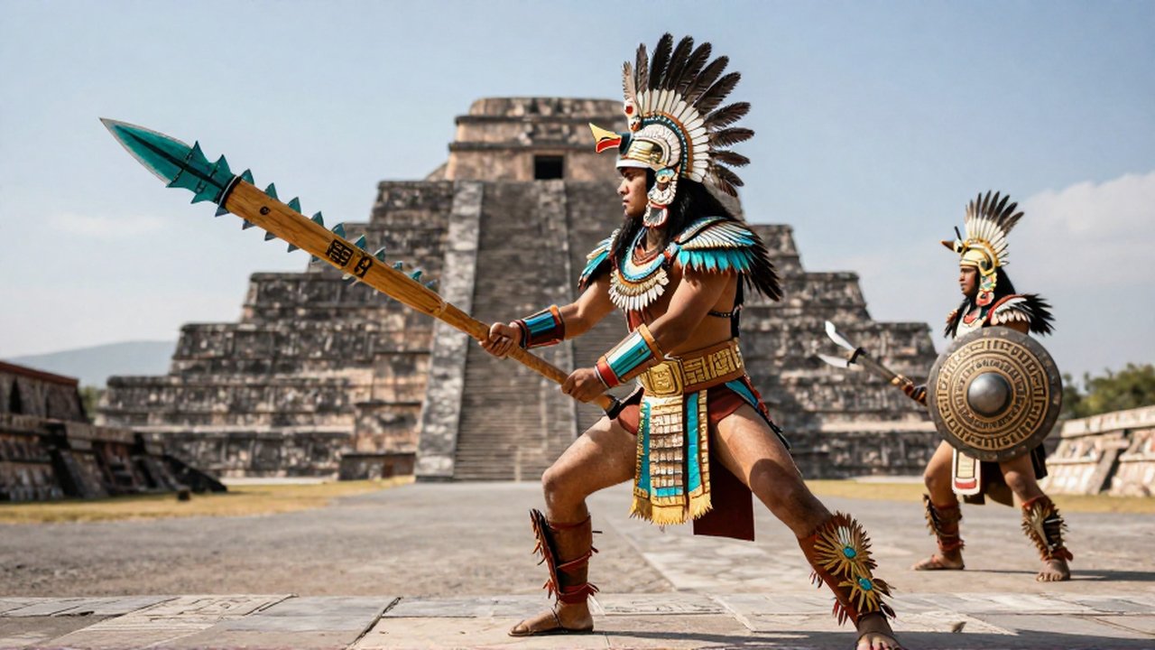 Guerrero azteca con armadura de plumas sostiene un macuahuitl frente a una pirámide bajo la luz del sol.